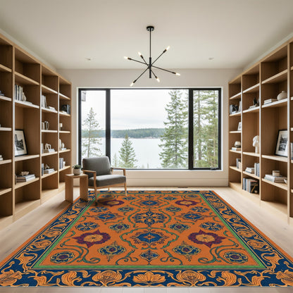 Ornate Azure Floral Scarlet Arrangement Rug