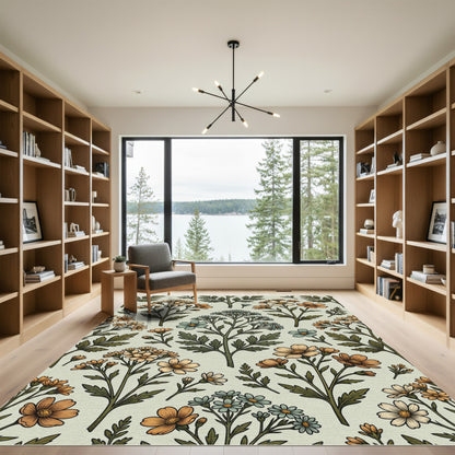 Sage Green Floral Meadow Botanic Illustration Rug