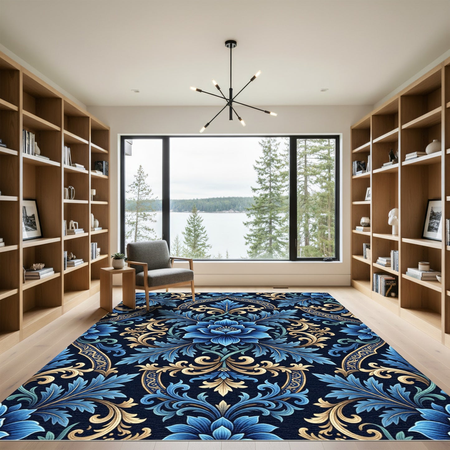 Deep Blue Golden Baroque Floral Rug