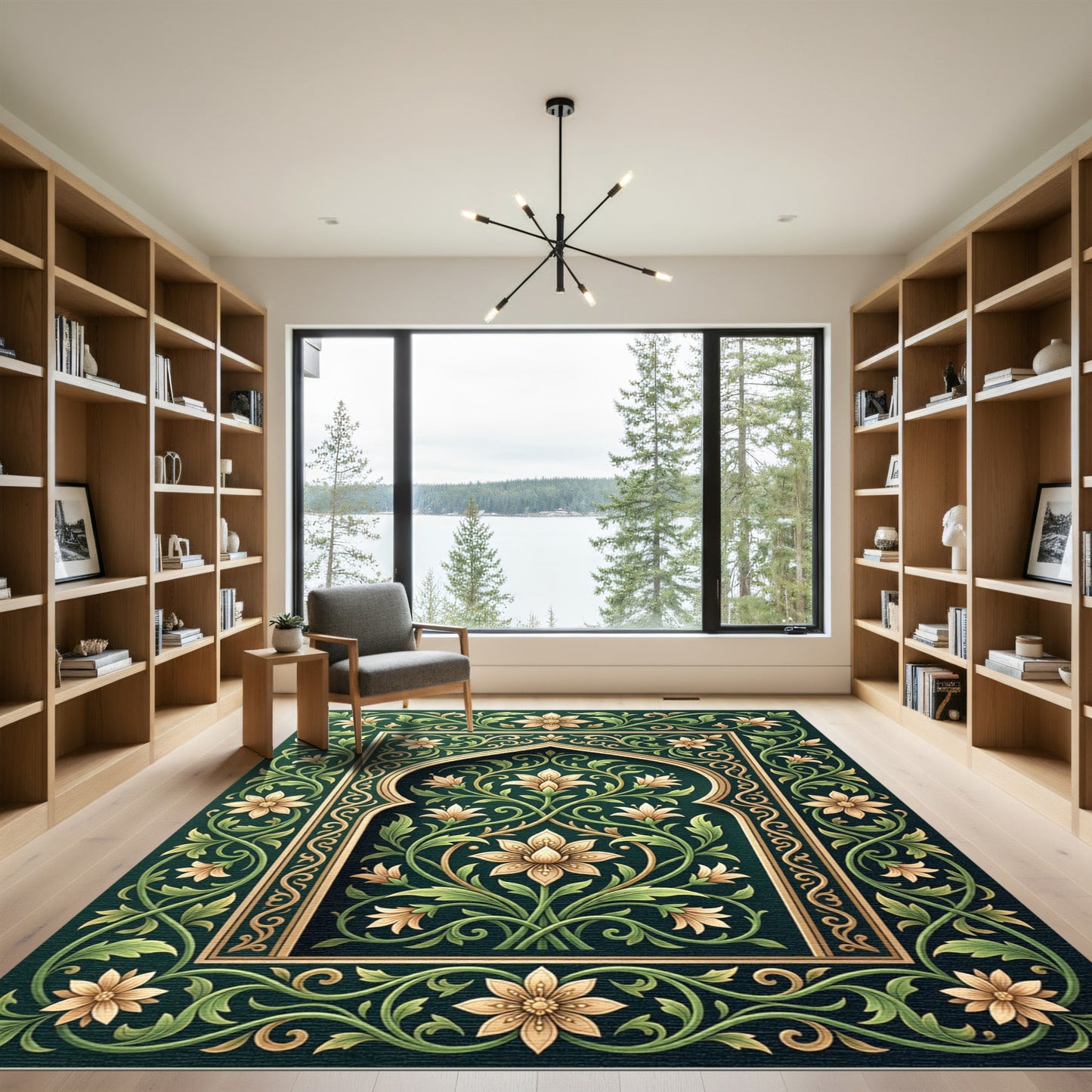 Elegant Emerald Gold Floral Arched Art Rug