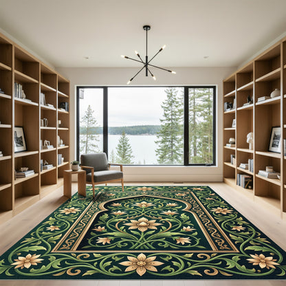 Elegant Emerald Gold Floral Arched Art Rug
