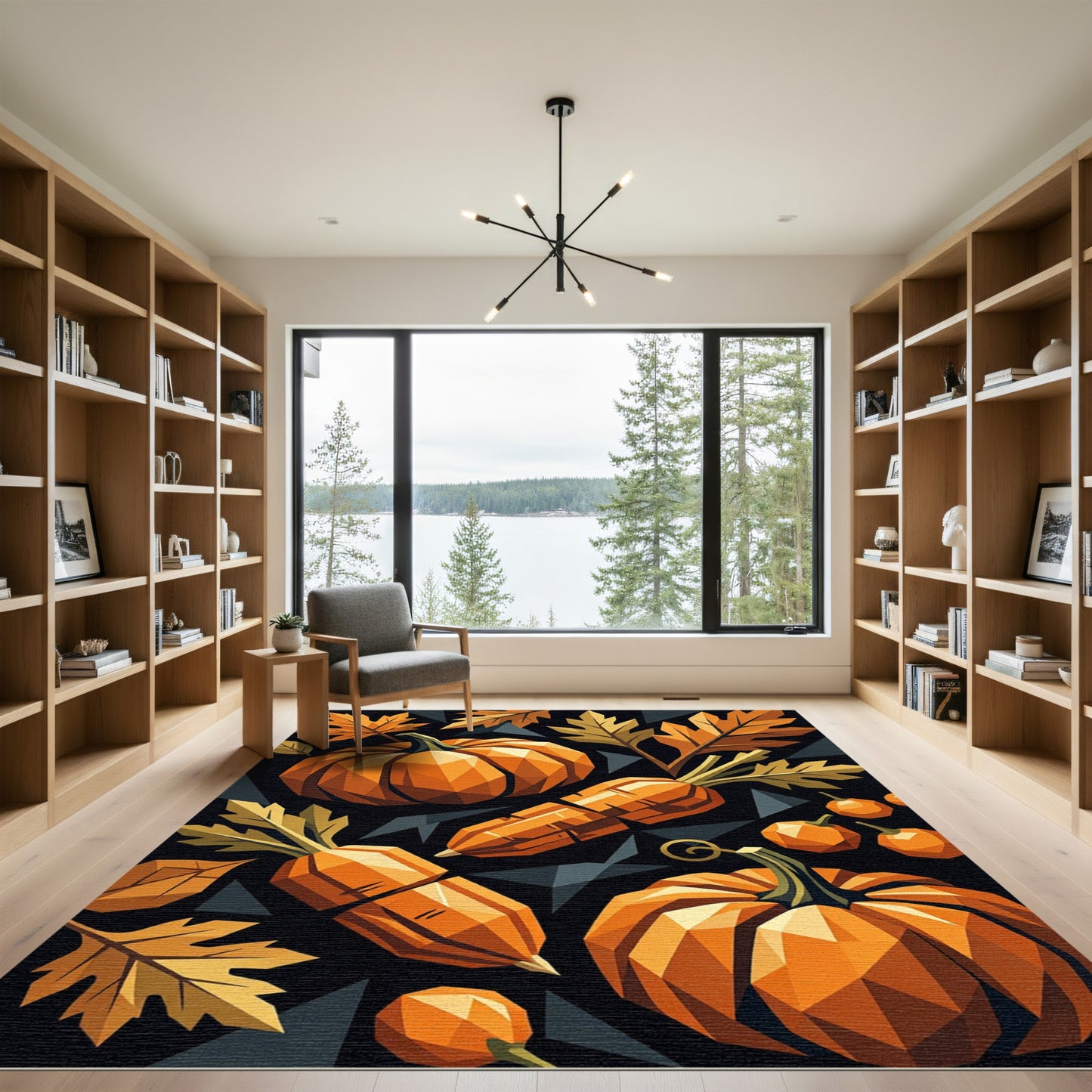 Geometric Autumn Pumpkin and Leaf Art Rug