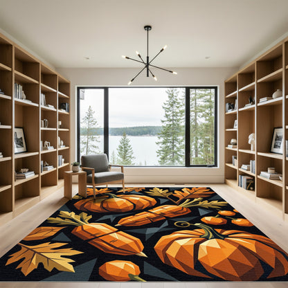 Geometric Autumn Pumpkin and Leaf Art Rug