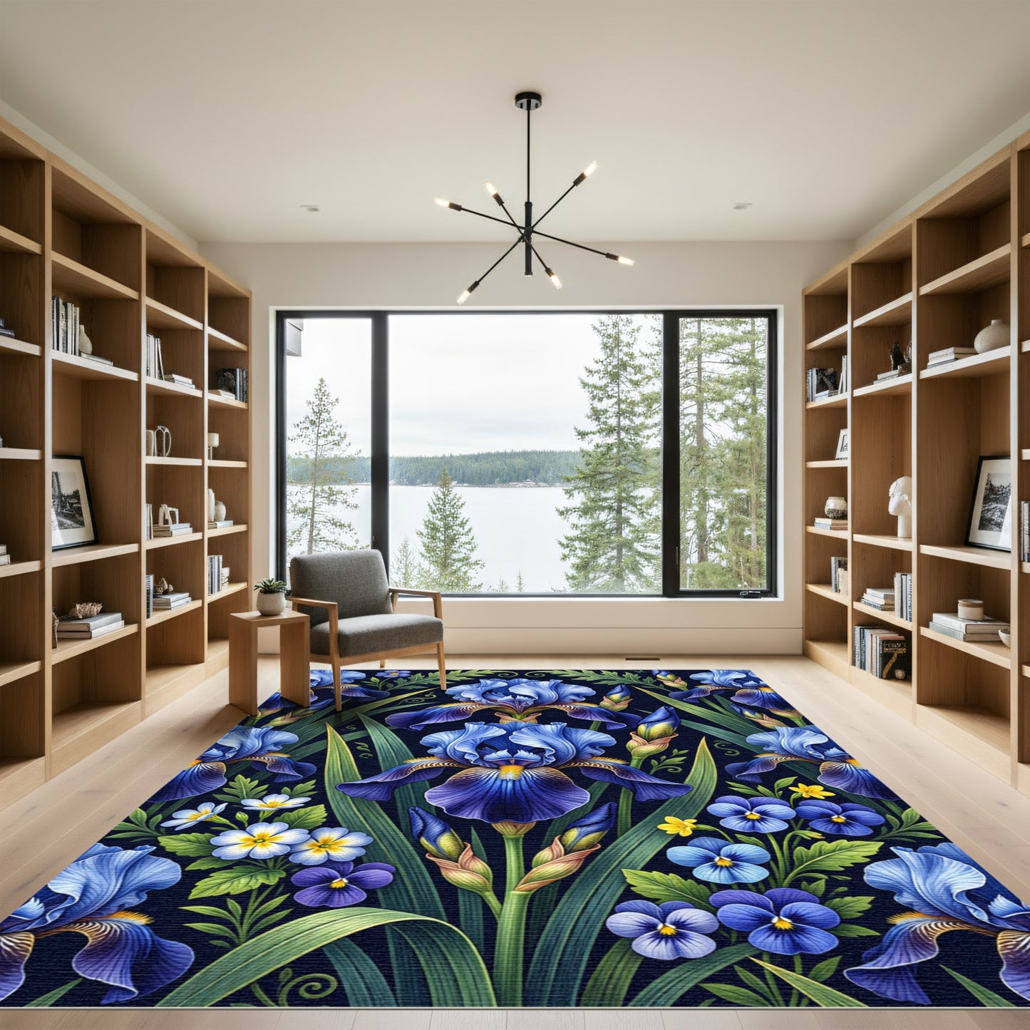 Lush Botanical Deep Blue Iris Bouquet Rug
