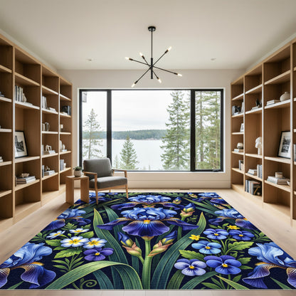 Lush Botanical Deep Blue Iris Bouquet Rug
