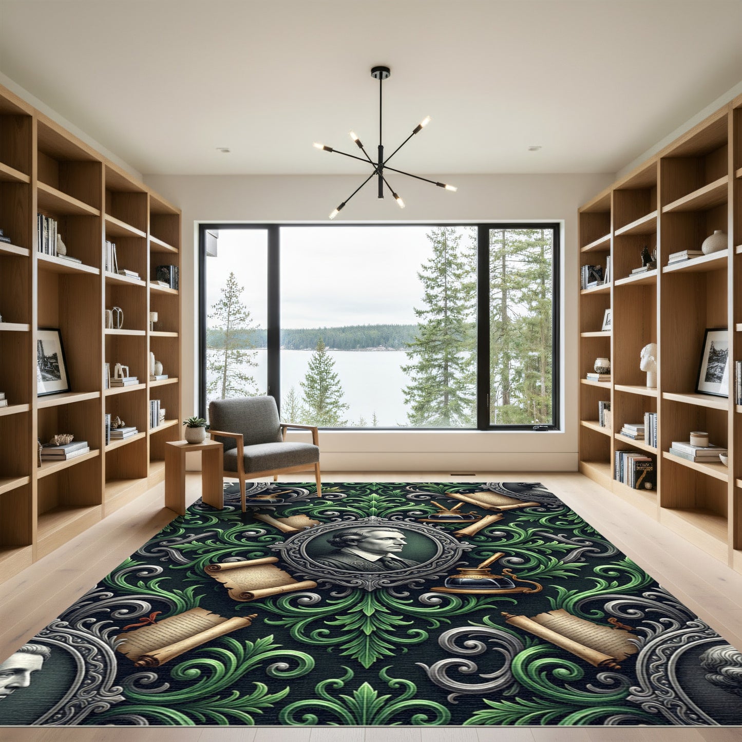 Historical Portrait Scroll Filigree Emerald Rug