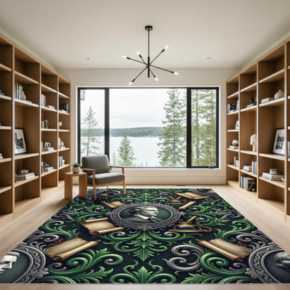 Historical Portrait Scroll Filigree Emerald Rug