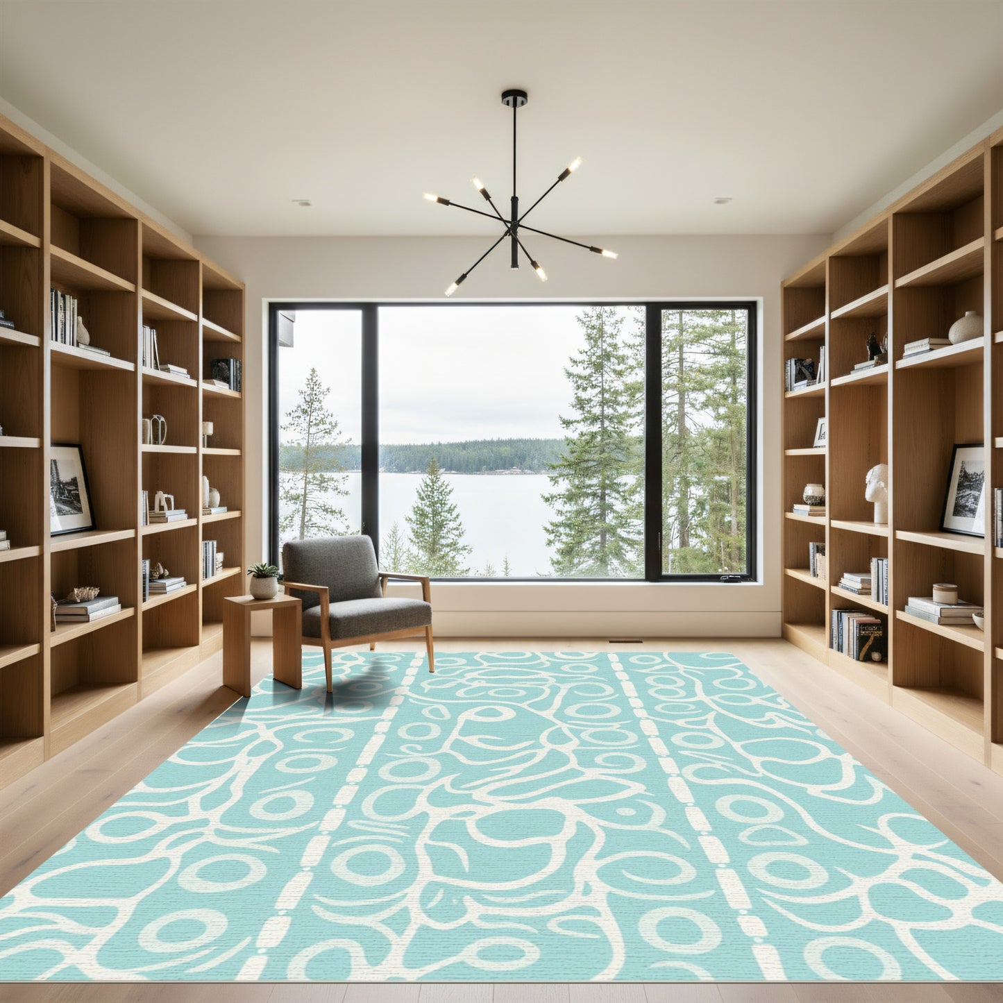Aqua Blue Abstract Vine Scroll Rug
