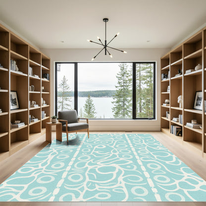Aqua Blue Abstract Vine Scroll Rug