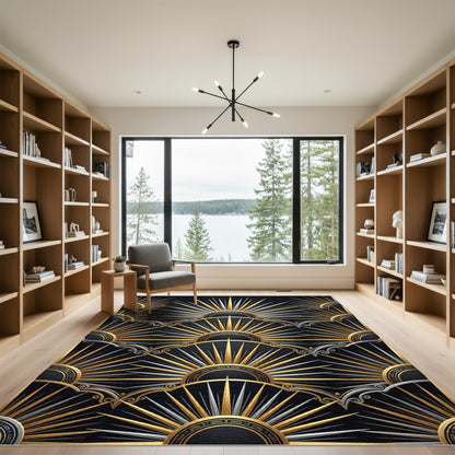 Art Deco Sunburst Gold Silver Black Rug