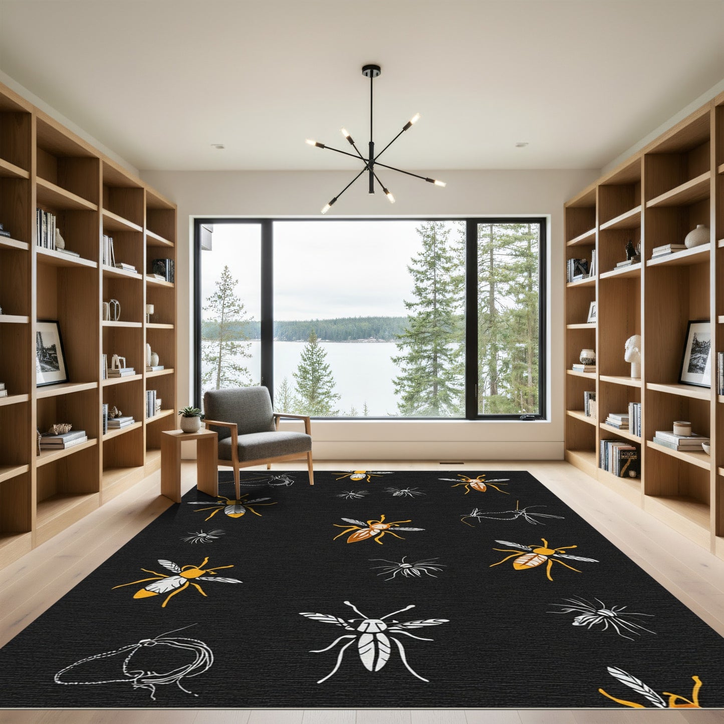 Black Yellow Insect Illustration Tonal Rug