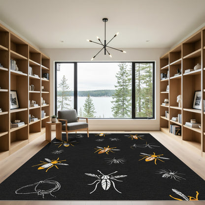 Black Yellow Insect Illustration Tonal Rug