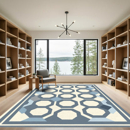 Geometric Octagon Motif Blue Cream Rug