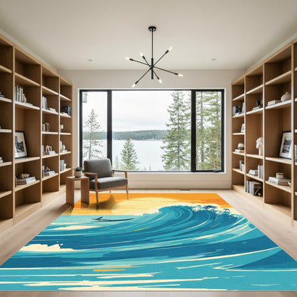 Coastal Teal Wave Sunset Surfer Rug