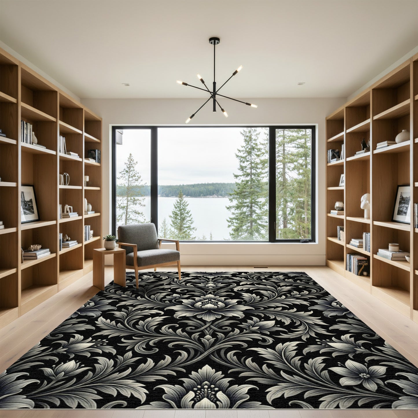 Gilded Black Floral Baroque Swirl Rug