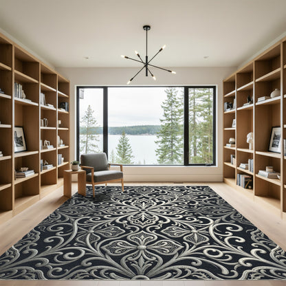 Silver Filigree Baroque Flourish Scroll Rug