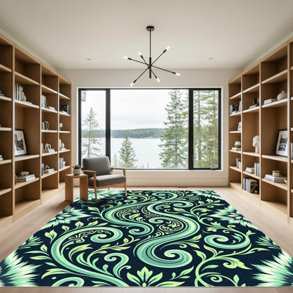 Teal Swirl Floral Vine Composition Rug