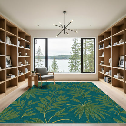 Dark Teal Tropical Leaf Rug
