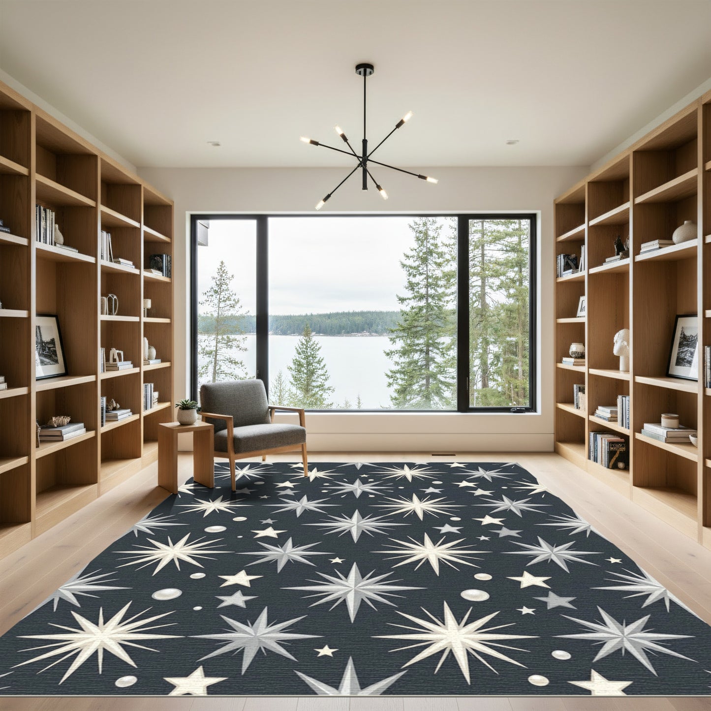 Radiant Starburst Pearls Dark Background Rug