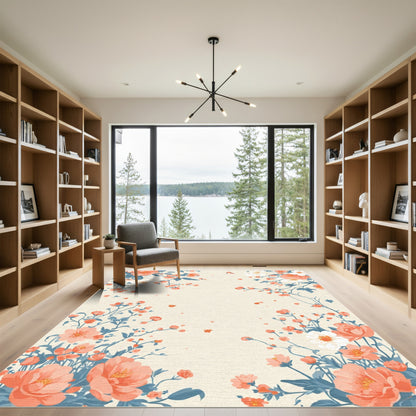 Coral Peach Floral Branches Cream Rug