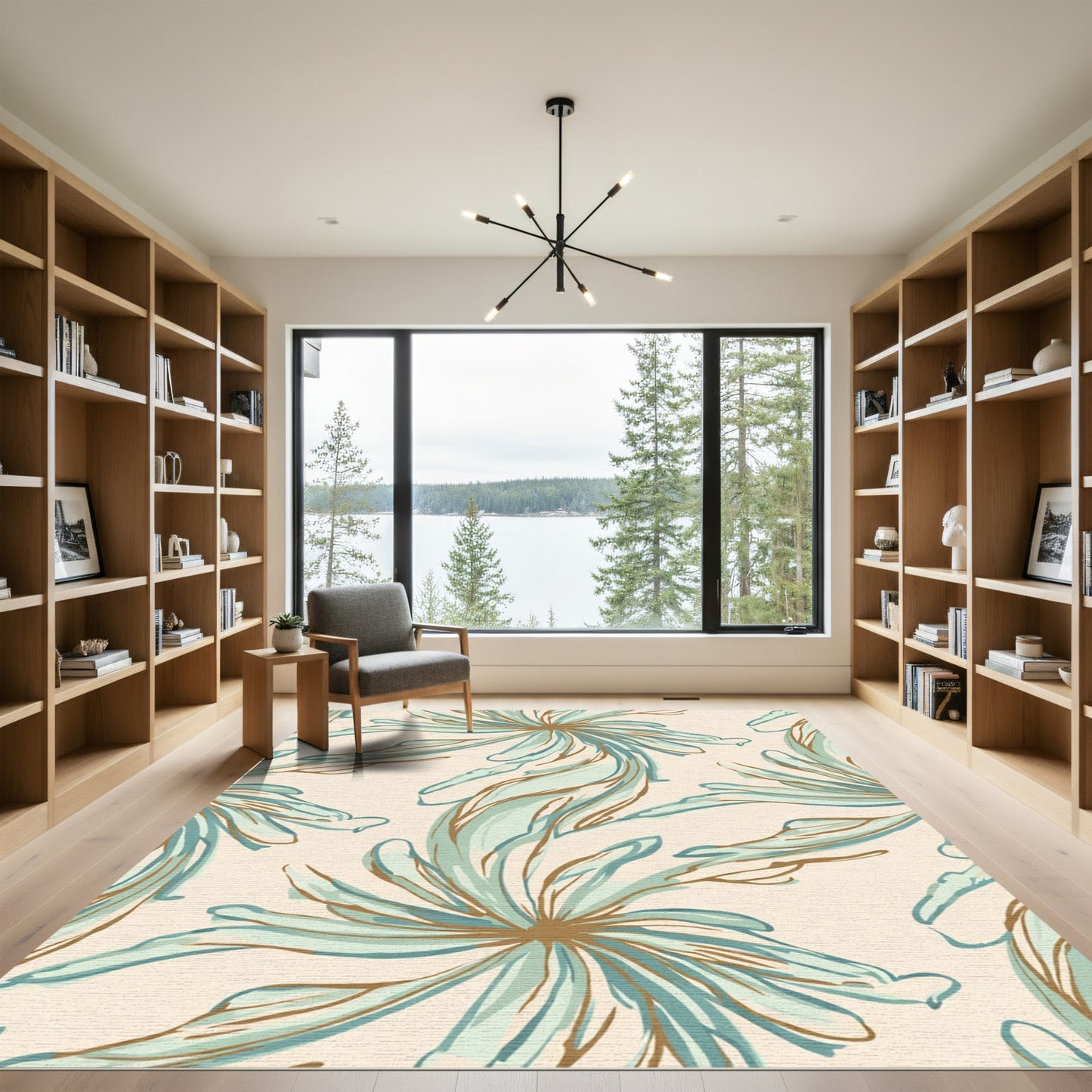 Aqua Tan Large Floral Brushstrokes Rug