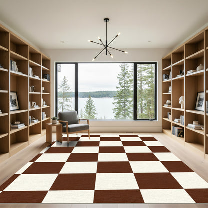 Brown White Checkerboard Squares Rug