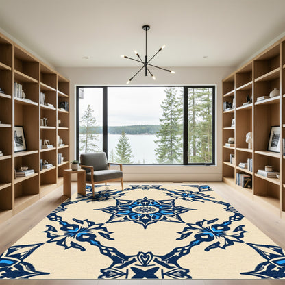 Navy Blue Ceramic Floral Medallion Rug