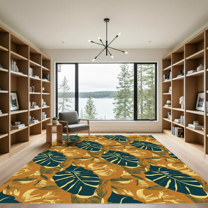 Exotic Teal Leaf Tropical Pattern Rug