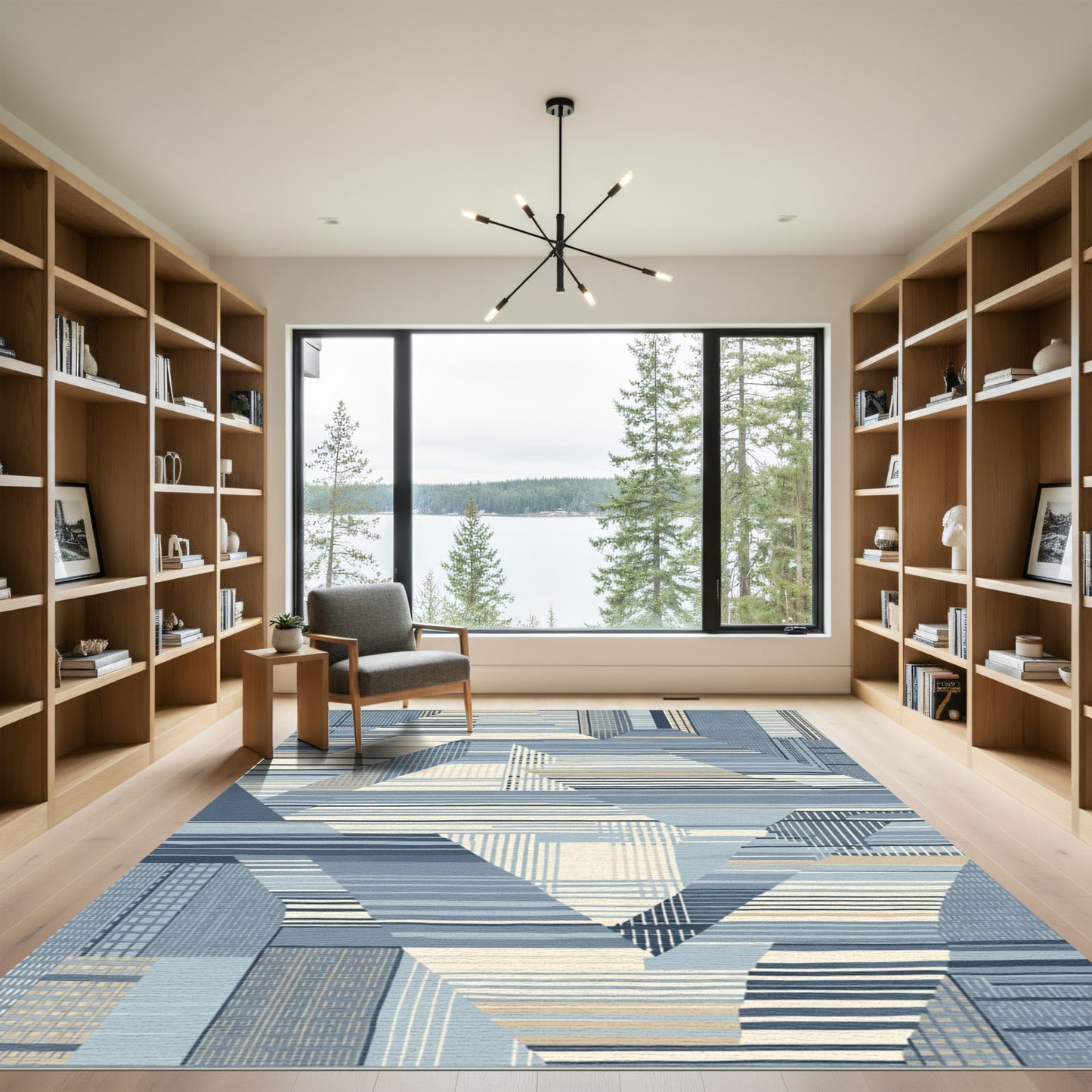 Blue Cream Geometric Abstract Patchwork Rug