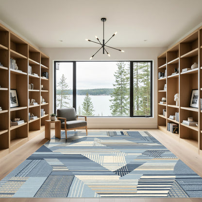 Blue Cream Geometric Abstract Patchwork Rug