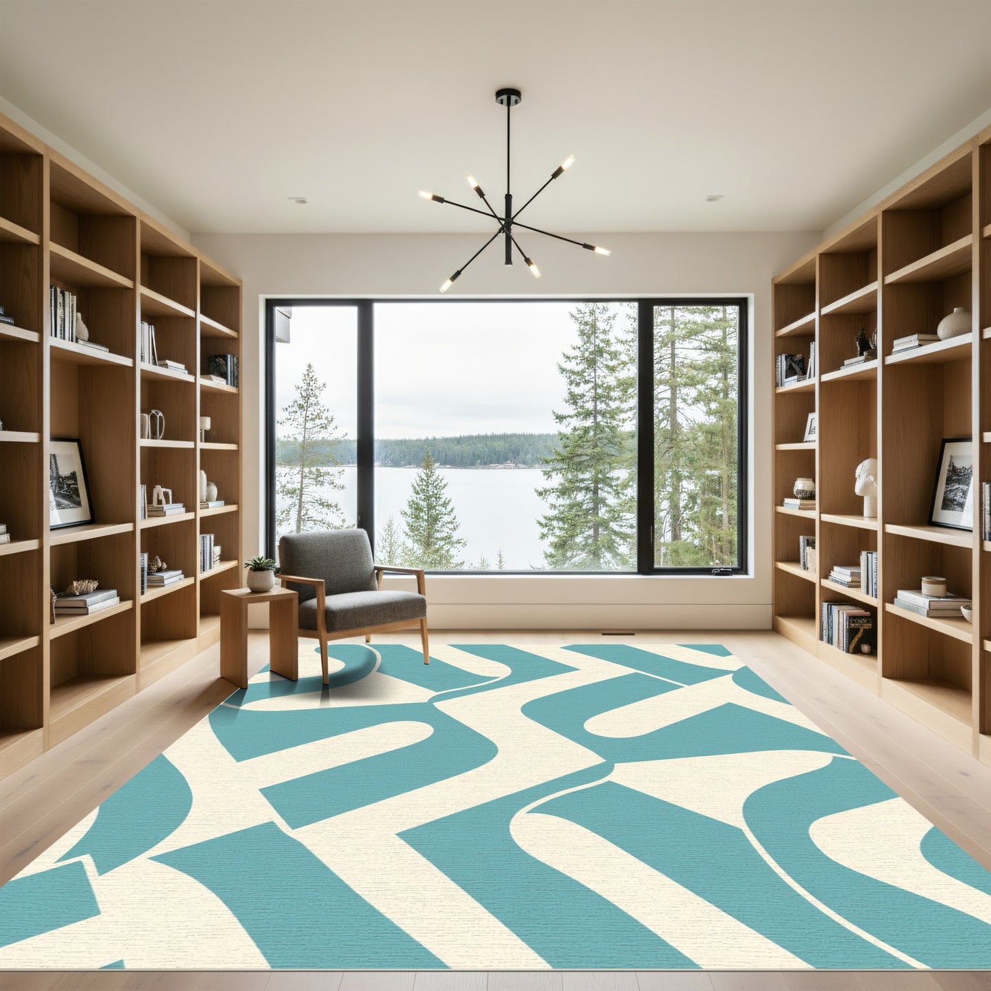 Teal Cream Abstract Interlocking Waves Rug