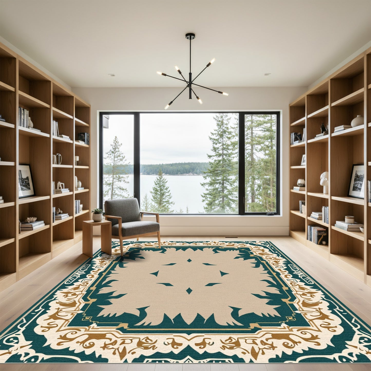 Emerald Tan Ornate Geometric Border Rug