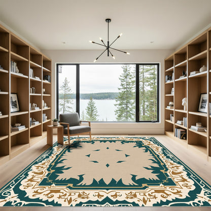 Emerald Tan Ornate Geometric Border Rug