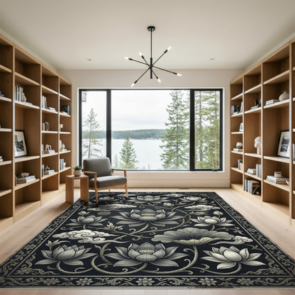Monochrome Lotus Floral Zen Cloud Art Rug