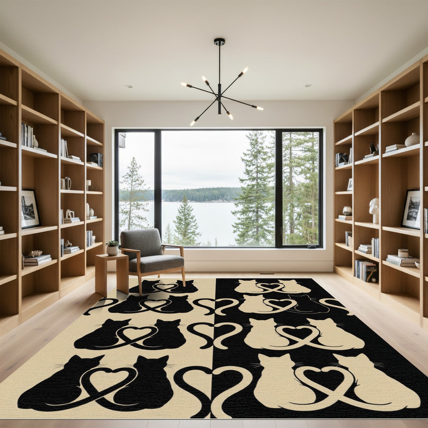 Minimalist Black and Cream Cat Heart Rug