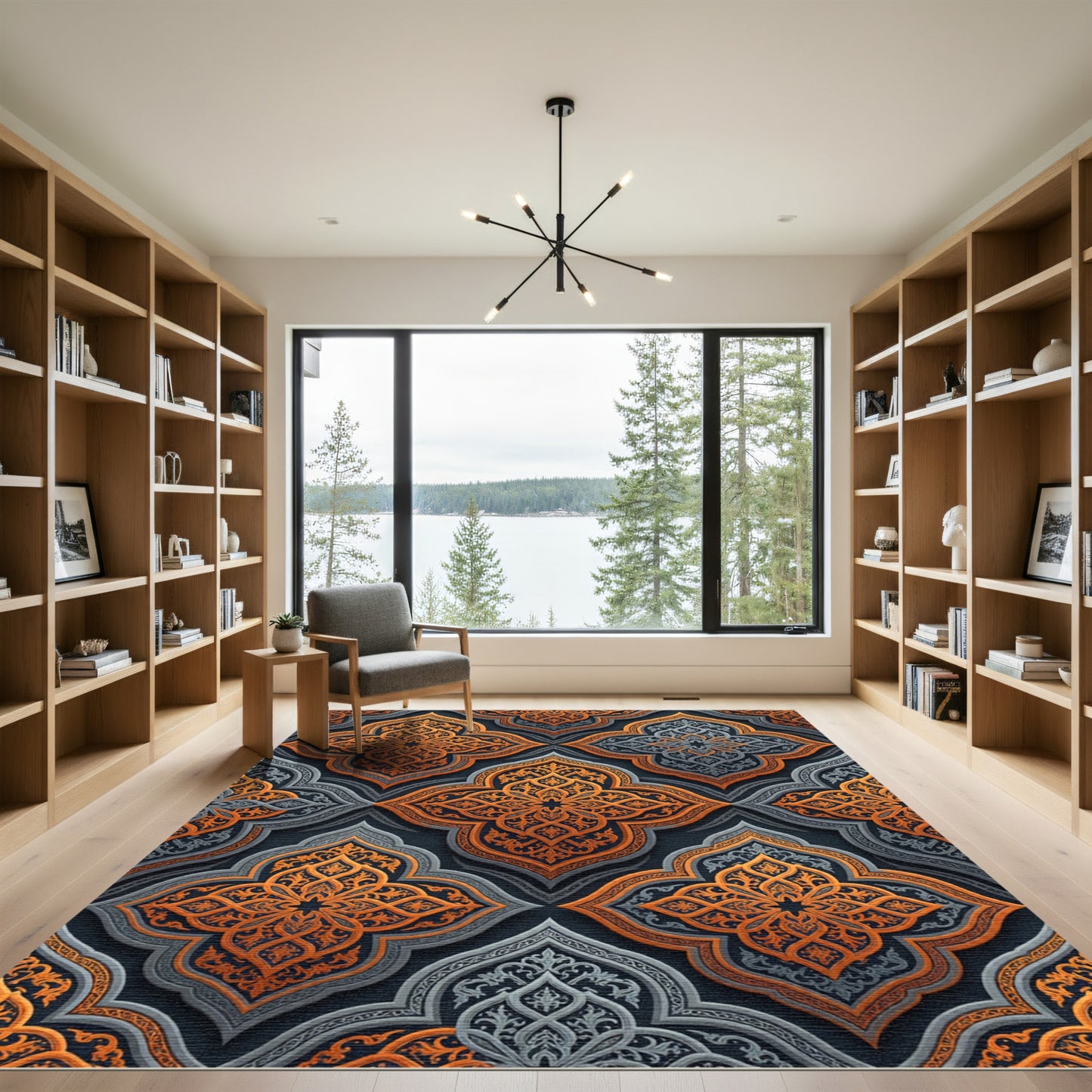 Ornate Amber and Slate Damask Medallion Rug