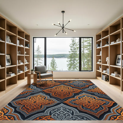 Ornate Amber and Slate Damask Medallion Rug