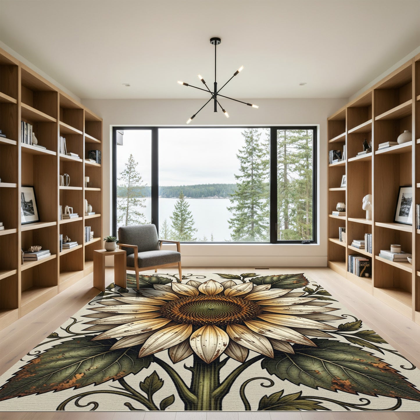 Weathered Cream Sunflower Botanical Art Rug