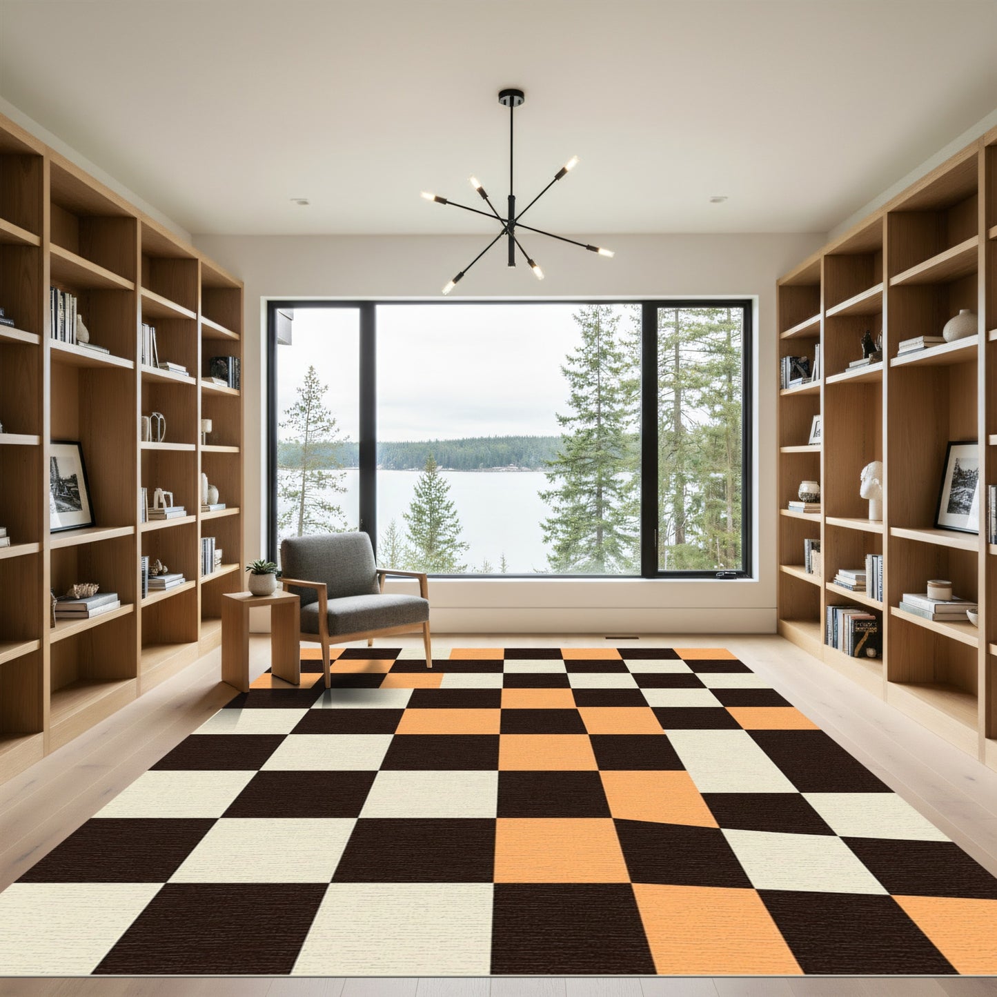 Modern Geometric Caramel and Cream Grid Rug