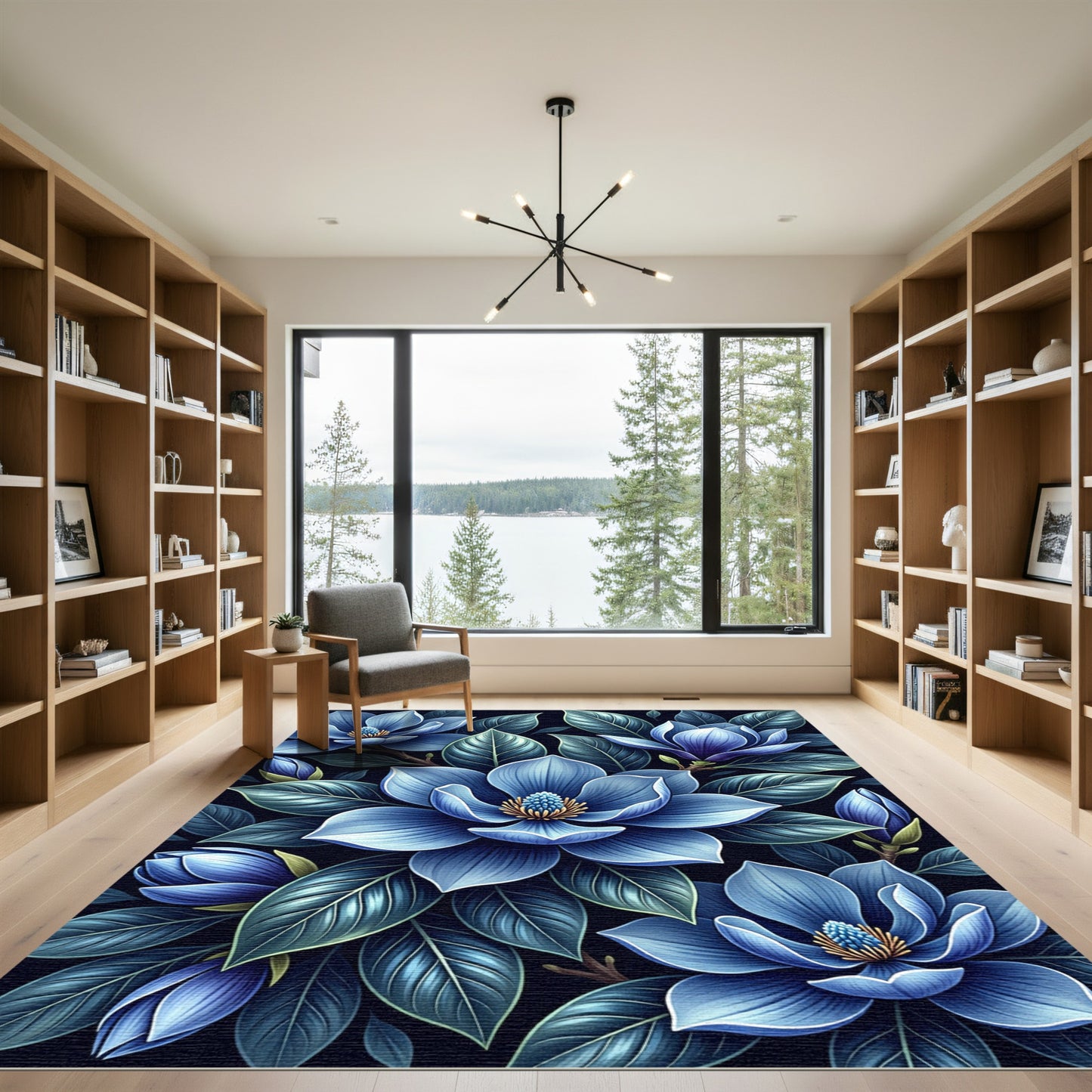 Deep Blue Magnolia Floral Arrangement Rug