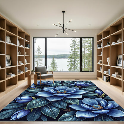 Deep Blue Magnolia Floral Arrangement Rug