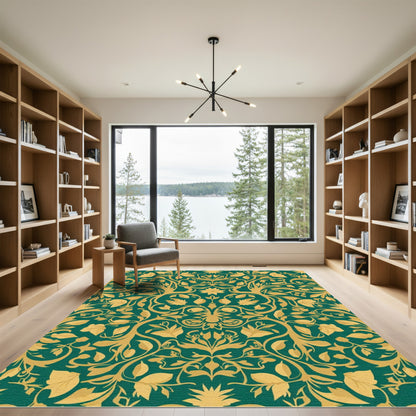 Emerald Gold Leaf Vine Art Rug