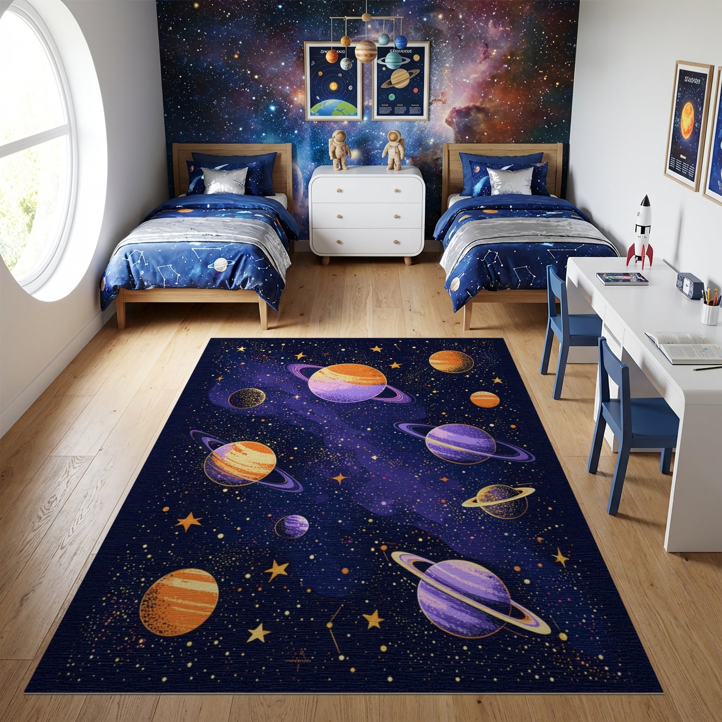 Vibrant Cosmic Ringed Planets Stars Rug