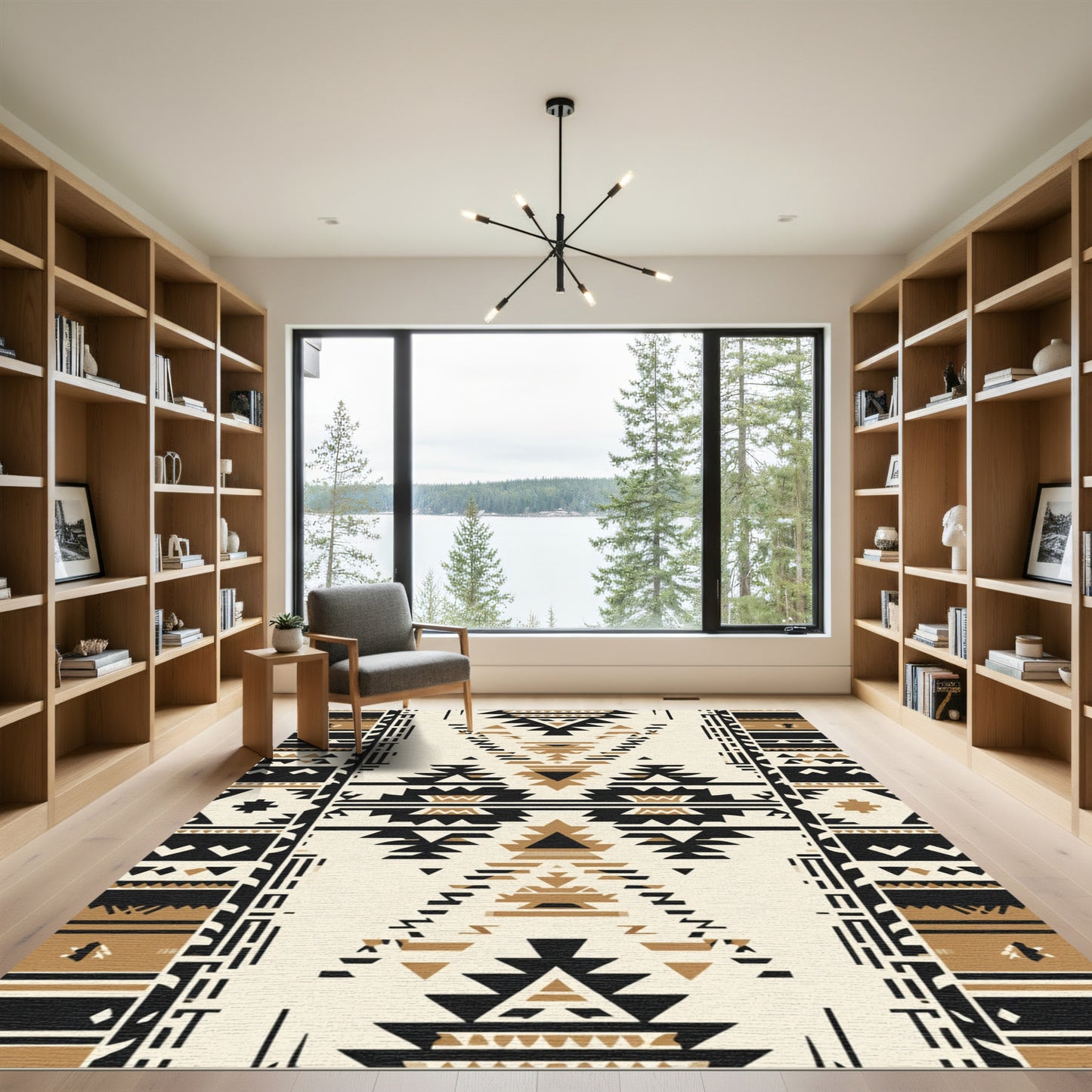 Striped Black Golden Geometric Southwest Art Rug