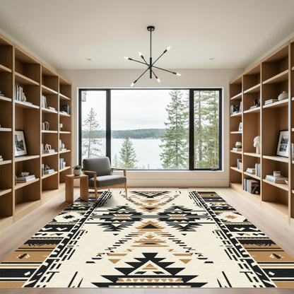 Striped Black Golden Geometric Southwest Art Rug