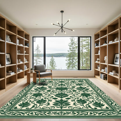Dark Green Floral Vine Border Rug