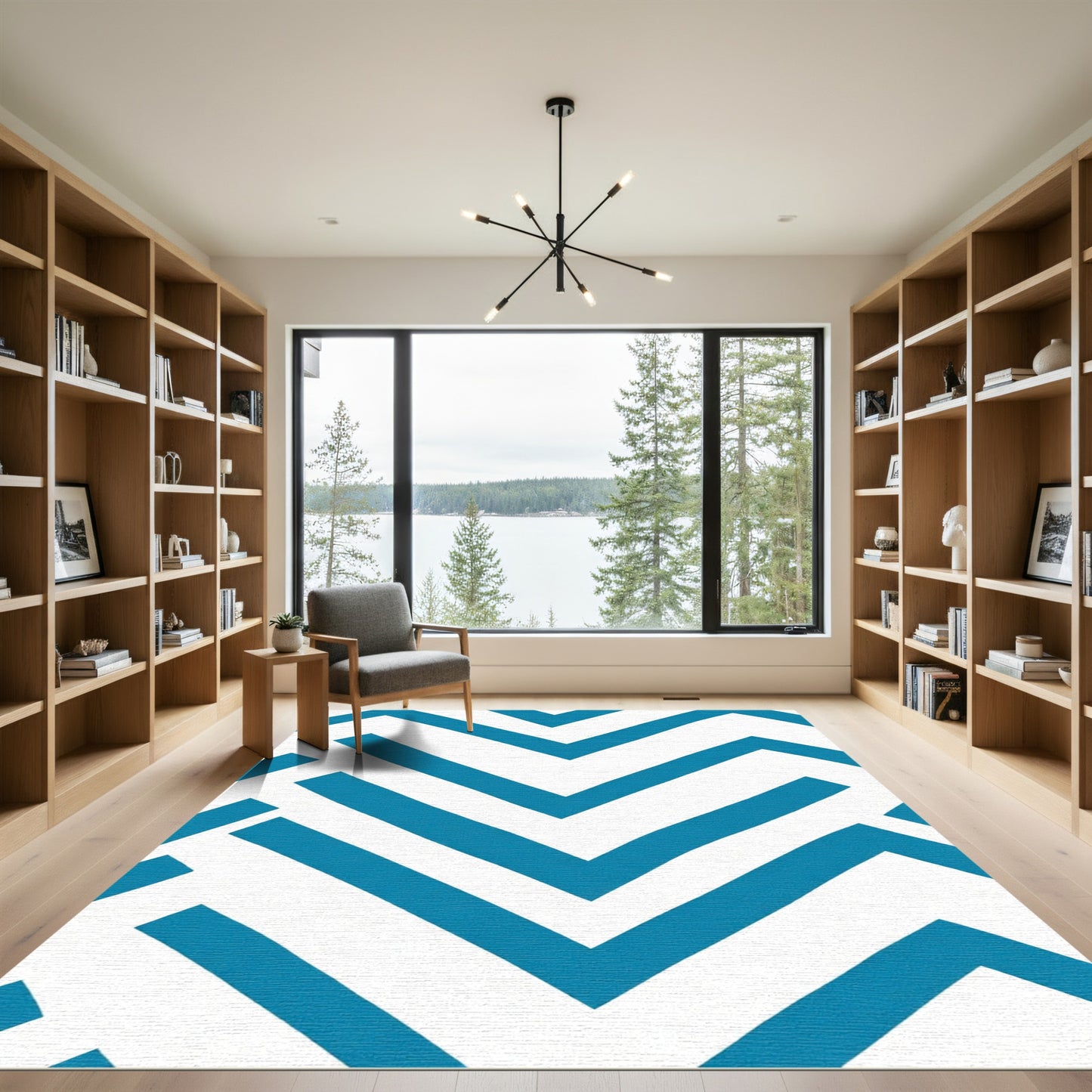 Teal White Zigzag Chevron Abstract Rug