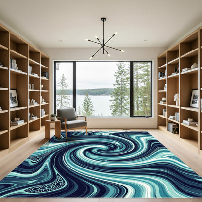 Deep Blue Swirl Marbled Aquatic Rug
