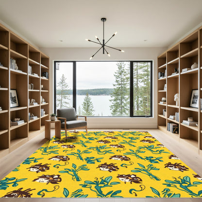 Whimsical Creatures Teal Foliage Yellow Rug