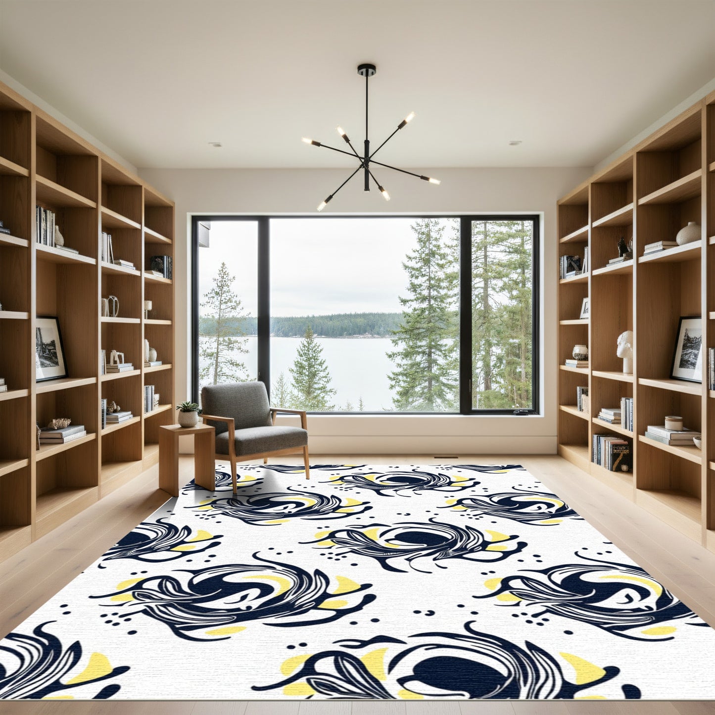 Navy Blue Yellow Abstract Swirl Rug